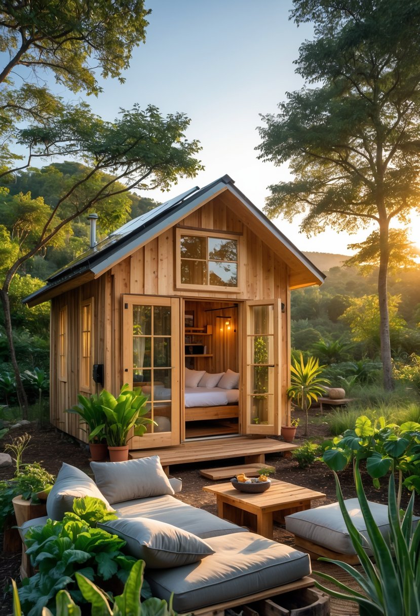 Cozy Retreats On A Dime: 25 Unusual Backyard Ideas You’ll Love 22 A small wooden cabin surrounded by trees and plants with a cozy outdoor seating area in a peaceful natural setting.
