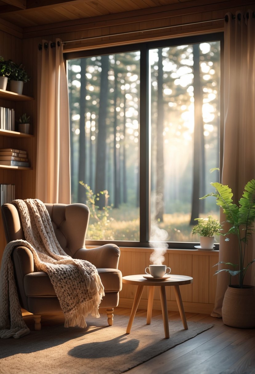 Cozy Retreats On A Dime: 25 Unusual Backyard Ideas You’ll Love 23 A cozy cabin interior with a plush armchair, knitted blanket, steaming cup of tea, bookshelves, and a view of a peaceful forest through large windows.