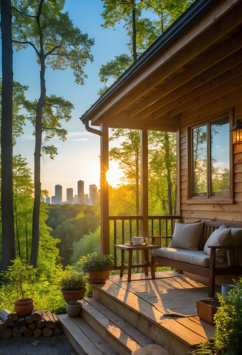 Cozy Retreats On A Dime: 25 Unusual Backyard Ideas You’ll Love 24 A small cozy cabin in a forest clearing with outdoor seating and a distant city skyline visible under a clear sky.