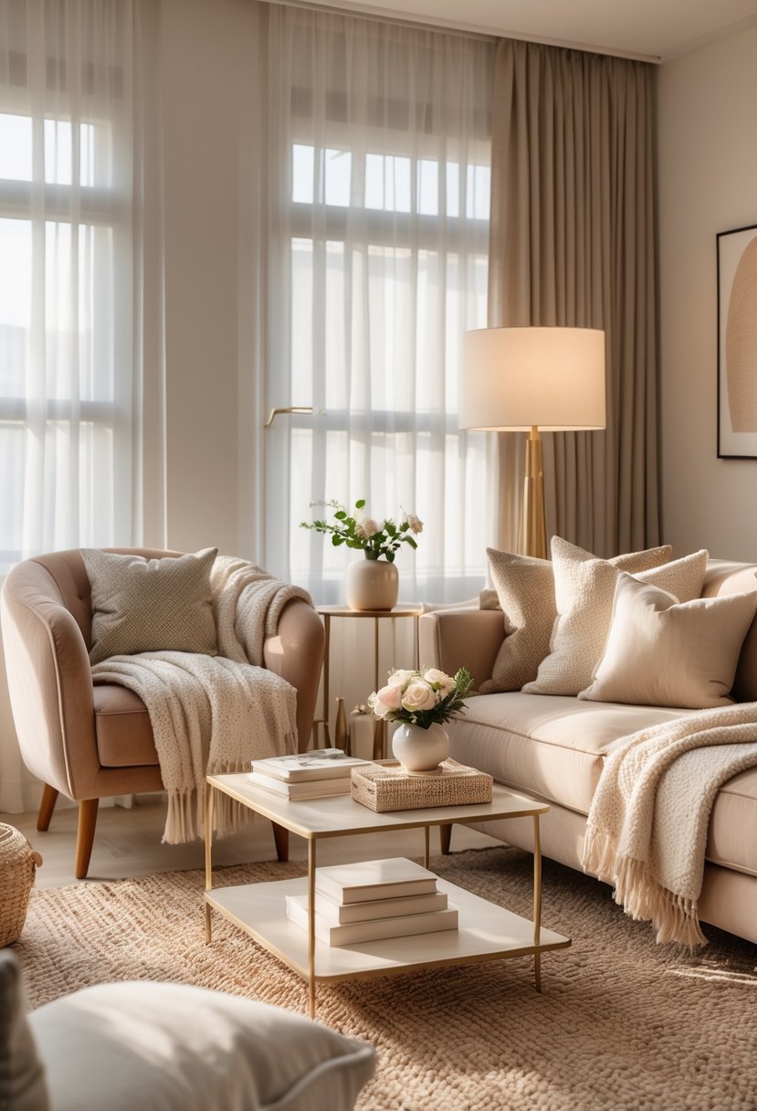 Cozy Retreats On A Dime: 25 Unusual Backyard Ideas You’ll Love 25 A cozy living room with a soft sofa, armchair, warm lighting, and natural sunlight coming through large windows.