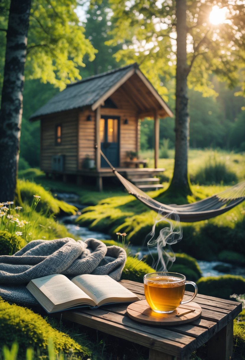 Cozy Retreats On A Dime: 25 Unusual Backyard Ideas You’ll Love 26 A small wooden cabin in a forest with outdoor seating, a hammock, and a cup of tea, surrounded by trees and nature.