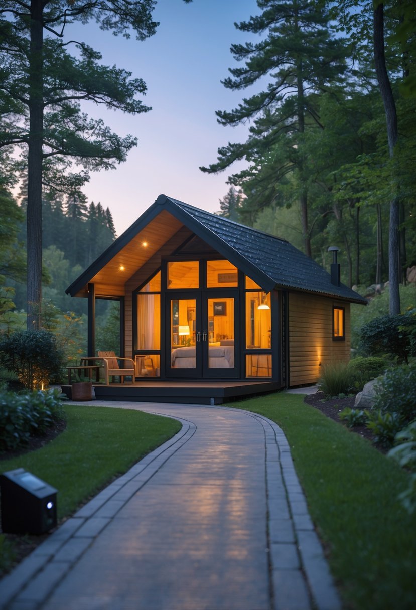 Cozy Retreats On A Dime: 25 Unusual Backyard Ideas You’ll Love 27 A cozy cabin surrounded by trees with warm lights glowing inside and a secure entrance pathway in a peaceful natural setting.