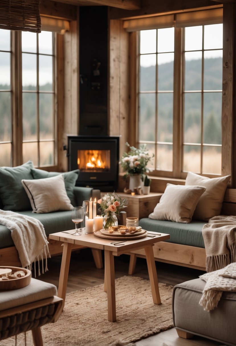Cozy Retreats On A Dime: 25 Unusual Backyard Ideas You’ll Love 28 Cozy rustic cabin interior with comfortable seating, a small table set for a special occasion, and a view of nature through large windows.