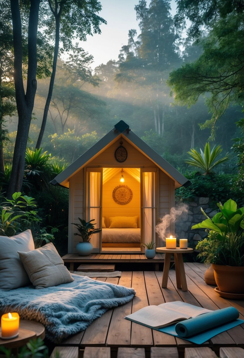 Cozy Retreats On A Dime: 25 Unusual Backyard Ideas You’ll Love 29 A cozy cabin surrounded by trees with a seating area featuring cushions, a cup of tea, a candle, and a yoga mat on a wooden deck.