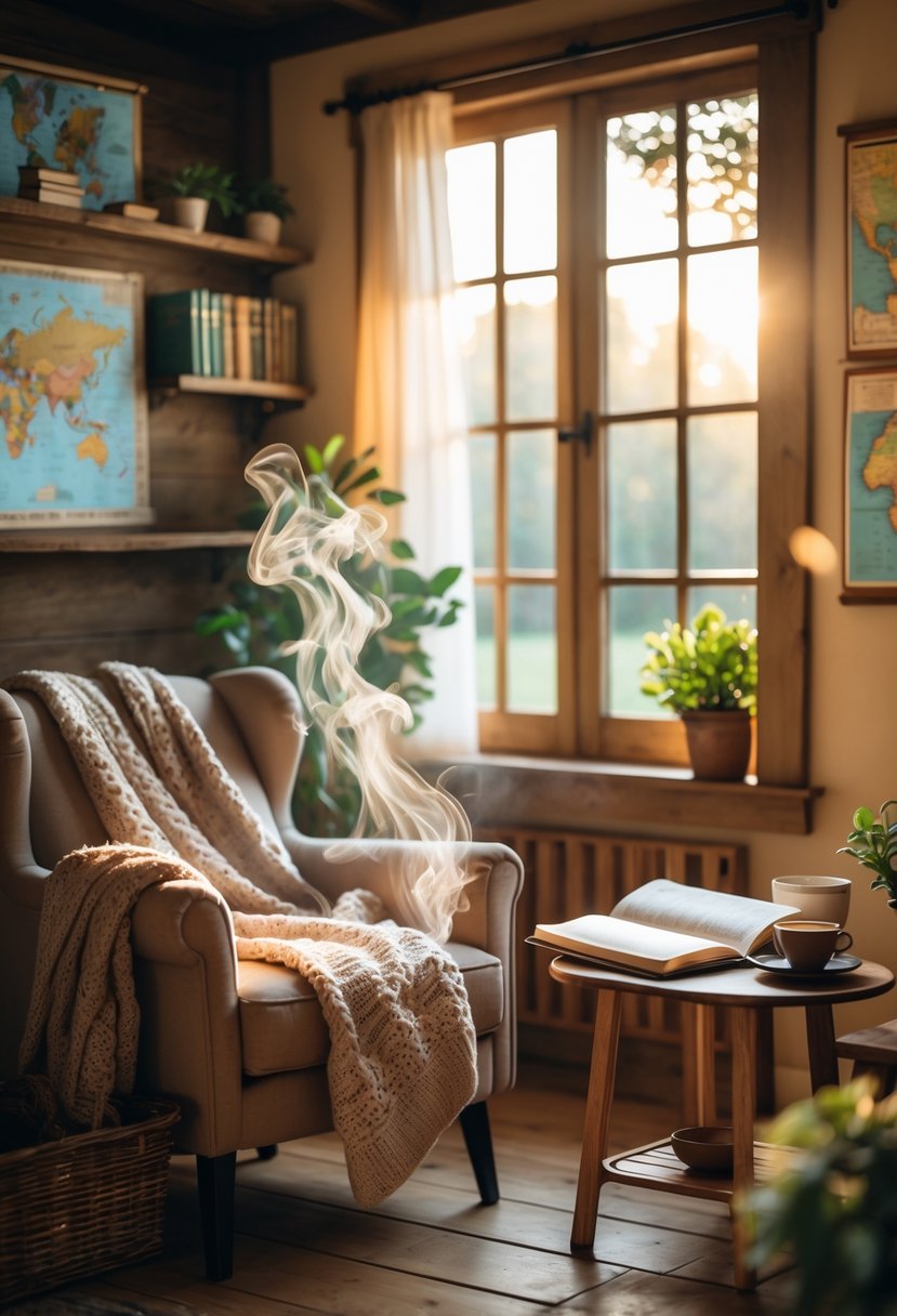 Cozy Retreats On A Dime: 25 Unusual Backyard Ideas You’ll Love 30 A cozy cabin interior with a comfortable armchair, knitted blanket, steaming cup of tea, travel journal, and a vintage map on the wall.