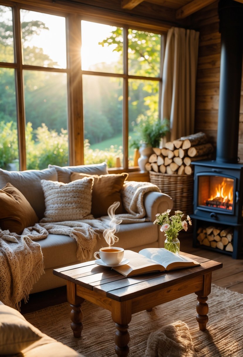 Cozy Retreats On A Dime: 25 Unusual Backyard Ideas You’ll Love 31 A cozy living room with a sofa, throw blankets, a coffee table with tea and flowers, and a fireplace with firewood, sunlight streaming through large windows showing green trees outside.