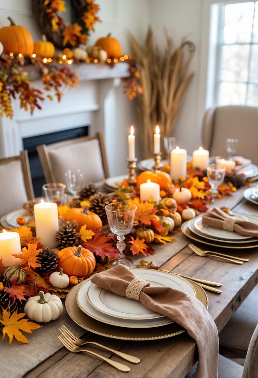22 Thanksgiving Decor Ideas 2025 for a Warm and Festive Home 2 A Thanksgiving dining table decorated with autumn leaves, pumpkins, candles, and elegant tableware in a cozy room with natural light.