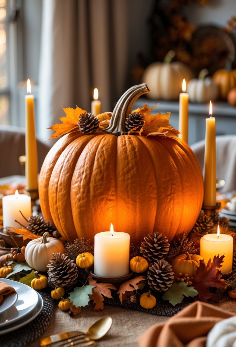 22 Thanksgiving Decor Ideas 2025 for a Warm and Festive Home 4 A Thanksgiving table centerpiece with a large pumpkin surrounded by lit candles and autumn decorations.
