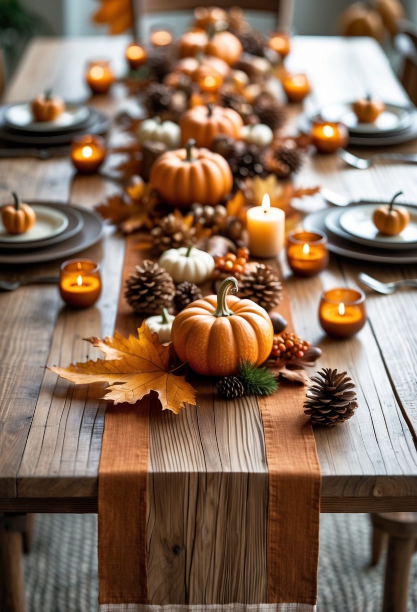 22 Thanksgiving Decor Ideas 2025 for a Warm and Festive Home 5 A rustic wooden table runner decorated with pumpkins, pine cones, dried leaves, acorns, and candles on a wooden table.