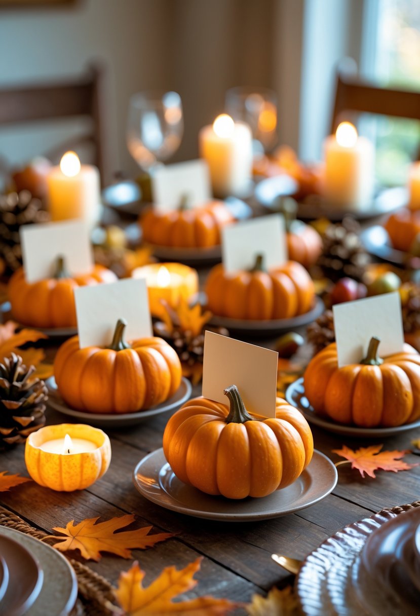 22 Thanksgiving Decor Ideas 2025 for a Warm and Festive Home 6 Miniature pumpkin place card holders arranged on a wooden table with autumn leaves, pine cones, and candles for a Thanksgiving setting.