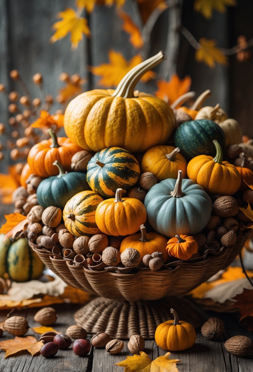 22 Thanksgiving Decor Ideas 2025 for a Warm and Festive Home 7 A cornucopia overflowing with colorful gourds, pumpkins, squash, and assorted nuts on a wooden surface with fall leaves around it.