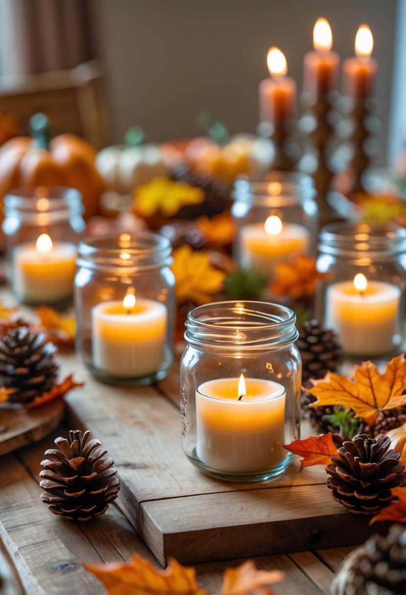 22 Thanksgiving Decor Ideas 2025 for a Warm and Festive Home 9 A Thanksgiving table with lit mason jar candle holders surrounded by fall leaves, pumpkins, and pine cones.