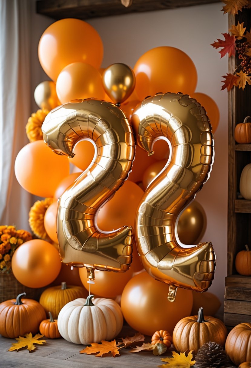 22 Thanksgiving Decor Ideas 2025 for a Warm and Festive Home 11 Orange and gold metallic balloons shaped as the number 22 surrounded by autumn decorations including pumpkins and fall leaves.
