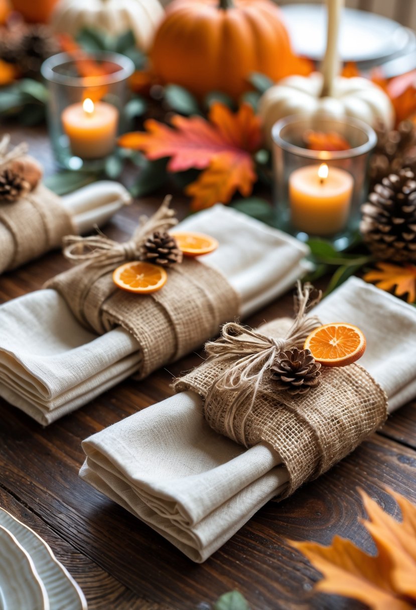 22 Thanksgiving Decor Ideas 2025 for a Warm and Festive Home 12 A wooden dining table set with burlap napkin rings on folded napkins surrounded by autumn decorations including pumpkins, fall leaves, and candles.
