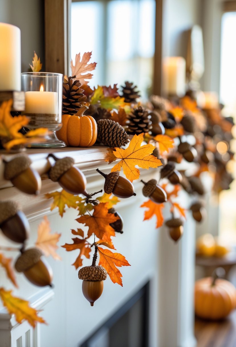 22 Thanksgiving Decor Ideas 2025 for a Warm and Festive Home 13 A mantel decorated with an acorn garland, pumpkins, candles, and autumn leaves for Thanksgiving.