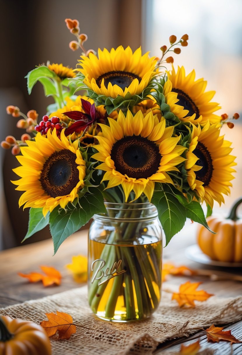 22 Thanksgiving Decor Ideas 2025 for a Warm and Festive Home 15 A bouquet of bright sunflowers in a mason jar sitting on a wooden table with autumn decorations in the background.