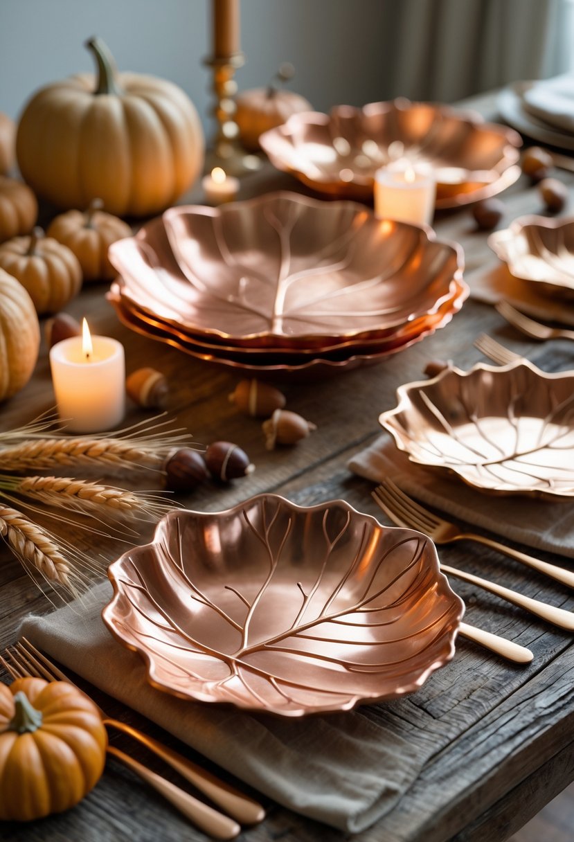 22 Thanksgiving Decor Ideas 2025 for a Warm and Festive Home 16 Copper-toned leaf-shaped dishes arranged on a wooden table with autumn decorations including pumpkins and candles.