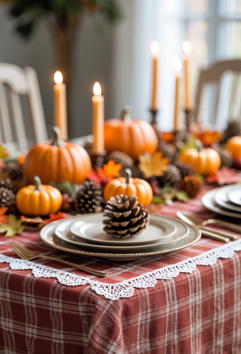 22 Thanksgiving Decor Ideas 2025 for a Warm and Festive Home 17 A Thanksgiving table set with a red and cream plaid tablecloth trimmed with white lace, decorated with pumpkins, fall leaves, pine cones, and candles.