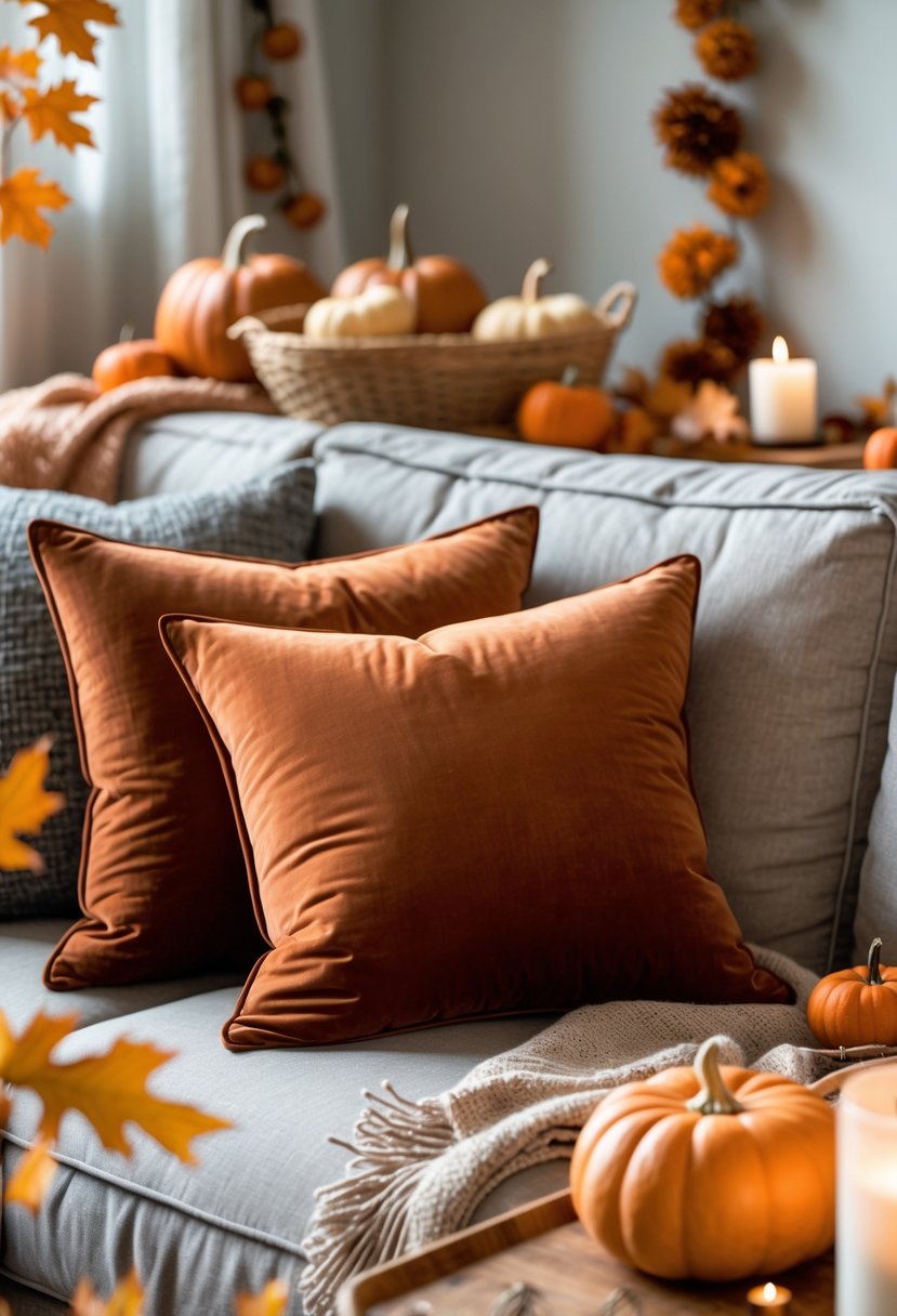 22 Thanksgiving Decor Ideas 2025 for a Warm and Festive Home 18 Rust-colored velvet throw pillows on a sofa surrounded by autumn decorations including pumpkins, dried leaves, and a lit candle.