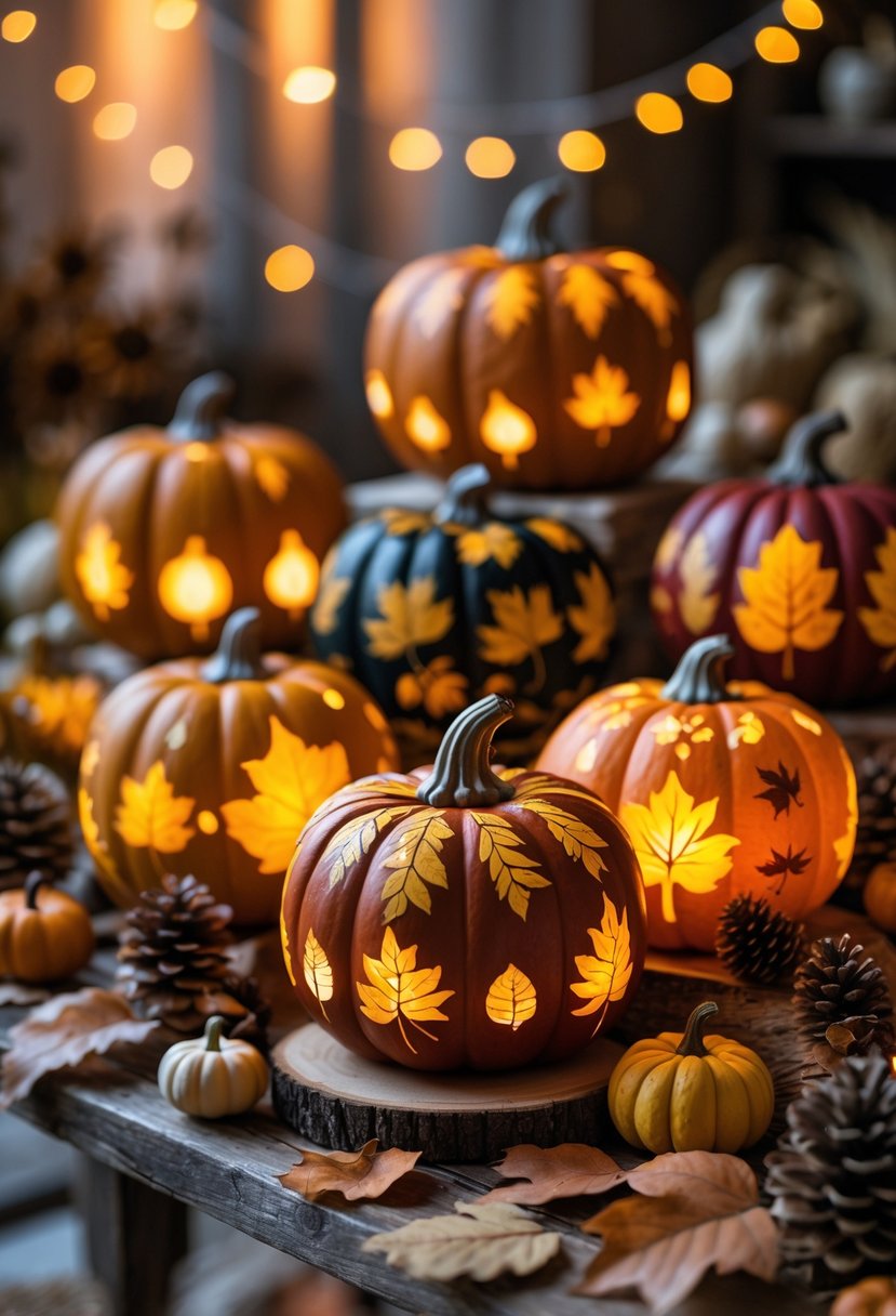 22 Thanksgiving Decor Ideas 2025 for a Warm and Festive Home 19 A collection of hand-painted pumpkin lanterns glowing softly on a wooden table surrounded by autumn leaves and fall decorations.
