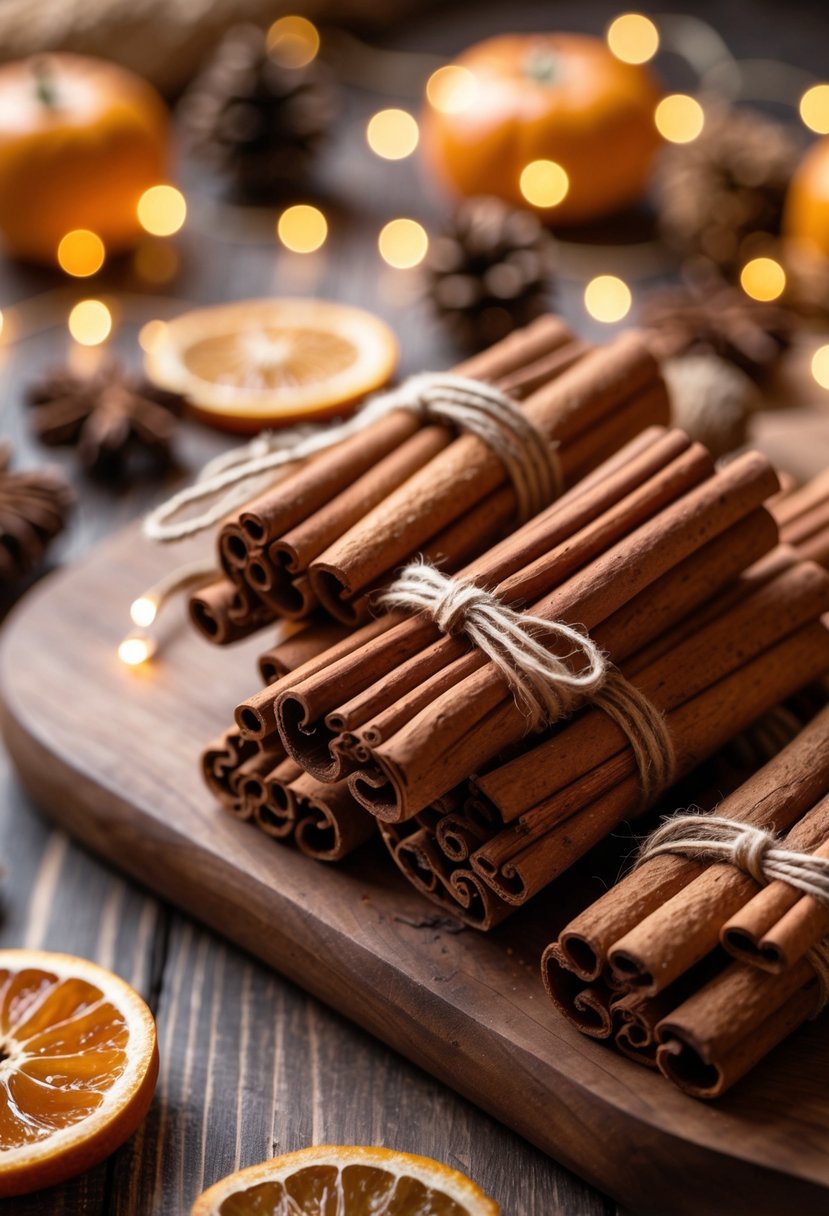 22 Thanksgiving Decor Ideas 2025 for a Warm and Festive Home 20 Bundles of cinnamon sticks tied with twine placed on a wooden surface with autumn decorations around them.