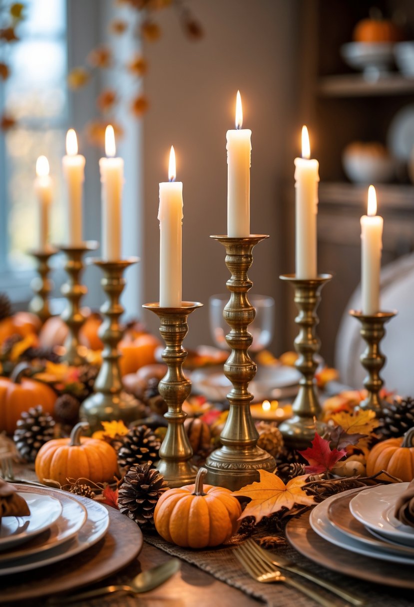 22 Thanksgiving Decor Ideas 2025 for a Warm and Festive Home 21 A Thanksgiving table decorated with vintage brass candlesticks, pumpkins, fall leaves, and pinecones.