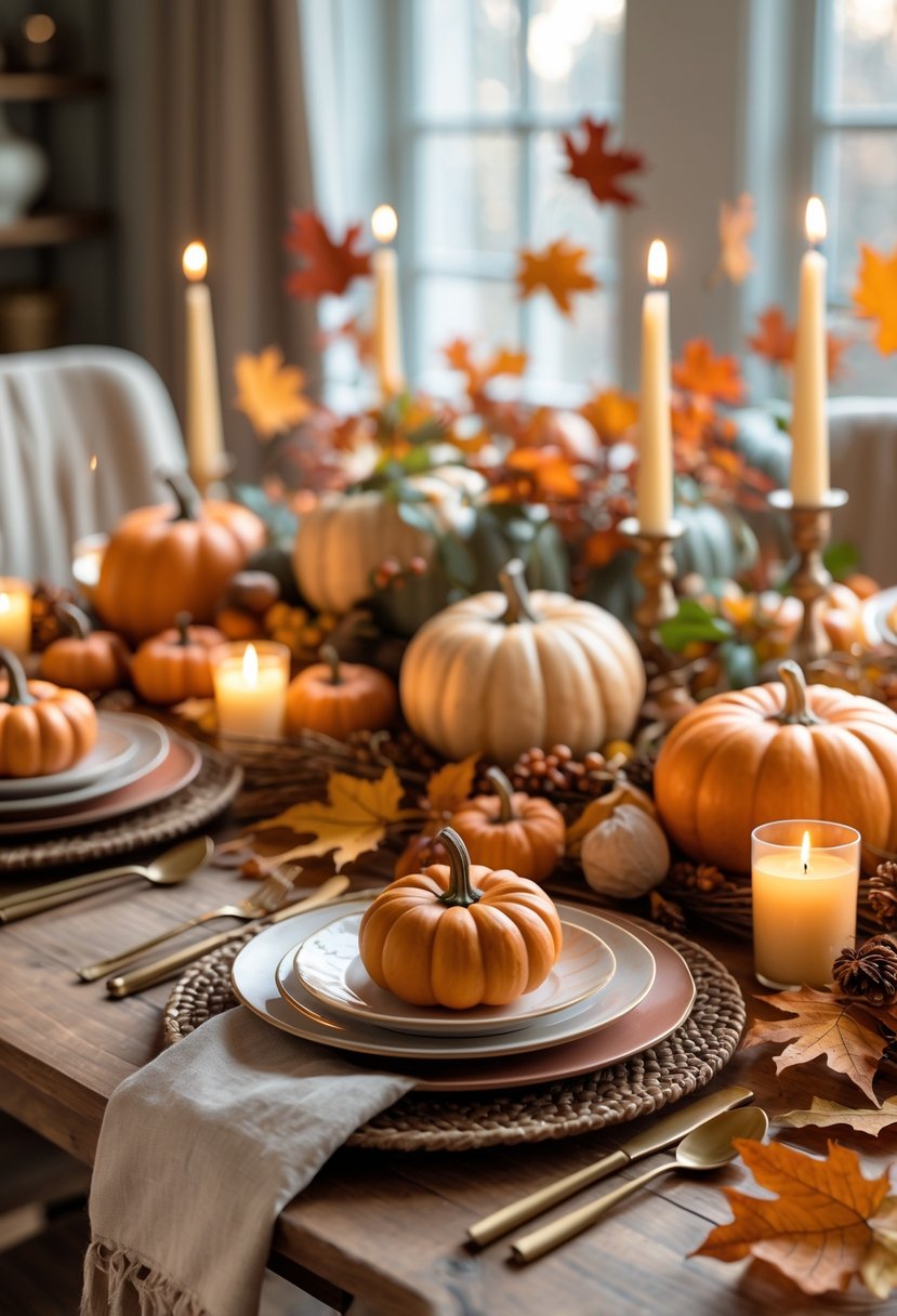 22 Thanksgiving Decor Ideas 2025 for a Warm and Festive Home 25 A Thanksgiving dining table decorated with pumpkins, fall leaves, candles, and natural foliage in warm autumn colors.