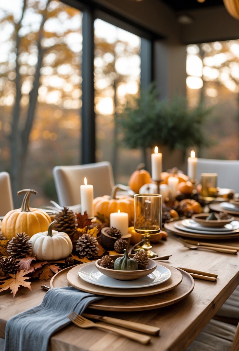 22 Thanksgiving Decor Ideas 2025 for a Warm and Festive Home 26 A Thanksgiving dining table decorated with natural autumn elements, reusable tableware, and candles creating a warm and eco-friendly holiday setting.