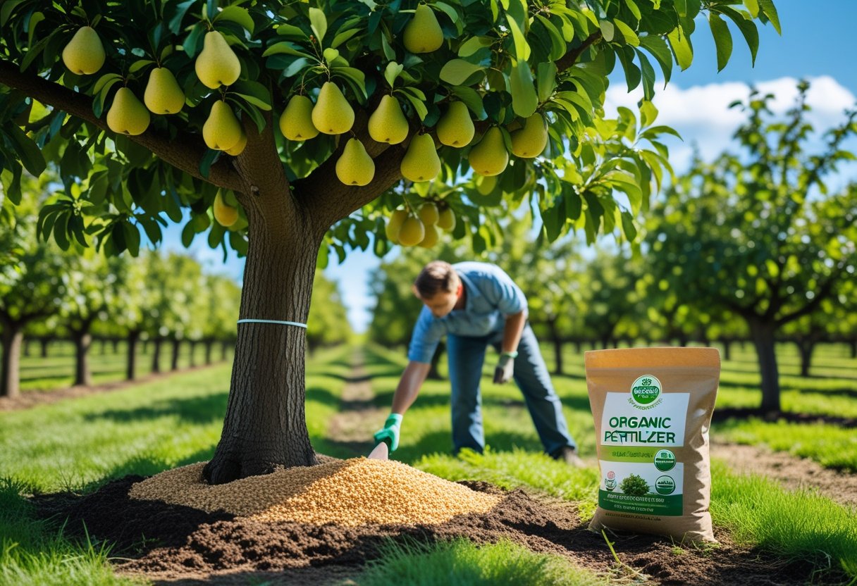 A gardener applying fertilizer to the base of a healthy pear tree with ripe pears in an orchard.