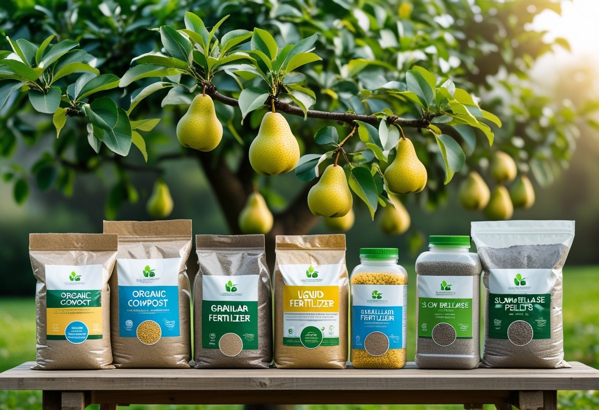 Different types of fertilizers displayed on a wooden table with a healthy pear tree in the background.
