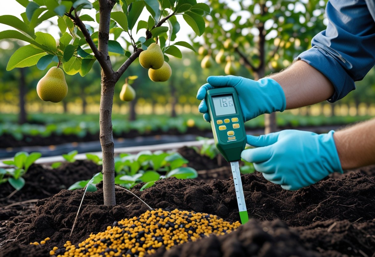 Hands testing soil near a young pear tree with fertilizer and compost in an orchard.