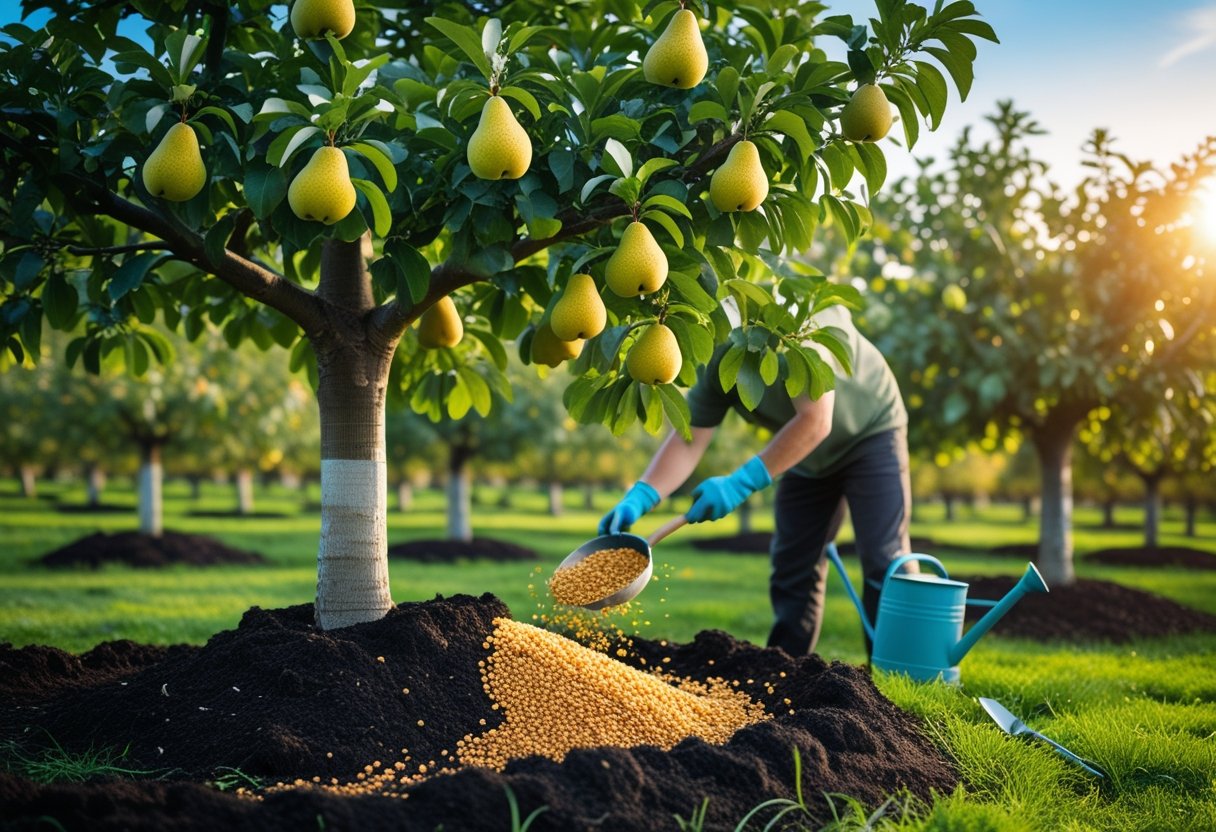 A healthy pear tree with ripe pears in an orchard, soil with fertilizer granules at the base, and gardening tools nearby.