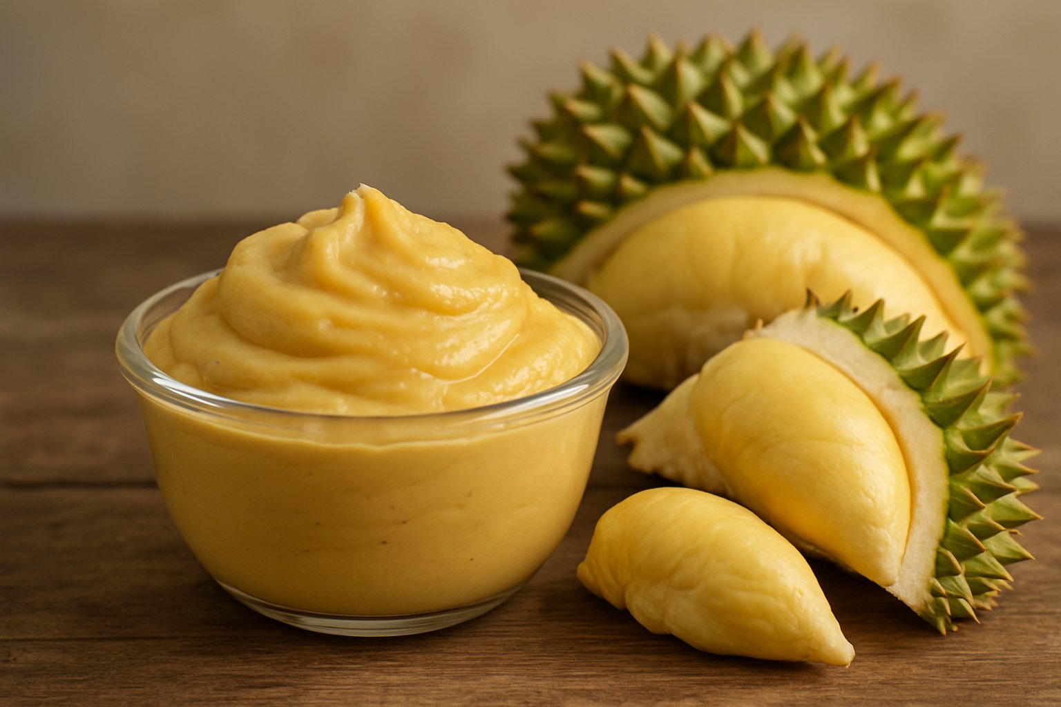 A glass bowl of creamy durian paste next to fresh durian fruit segments on a wooden surface.