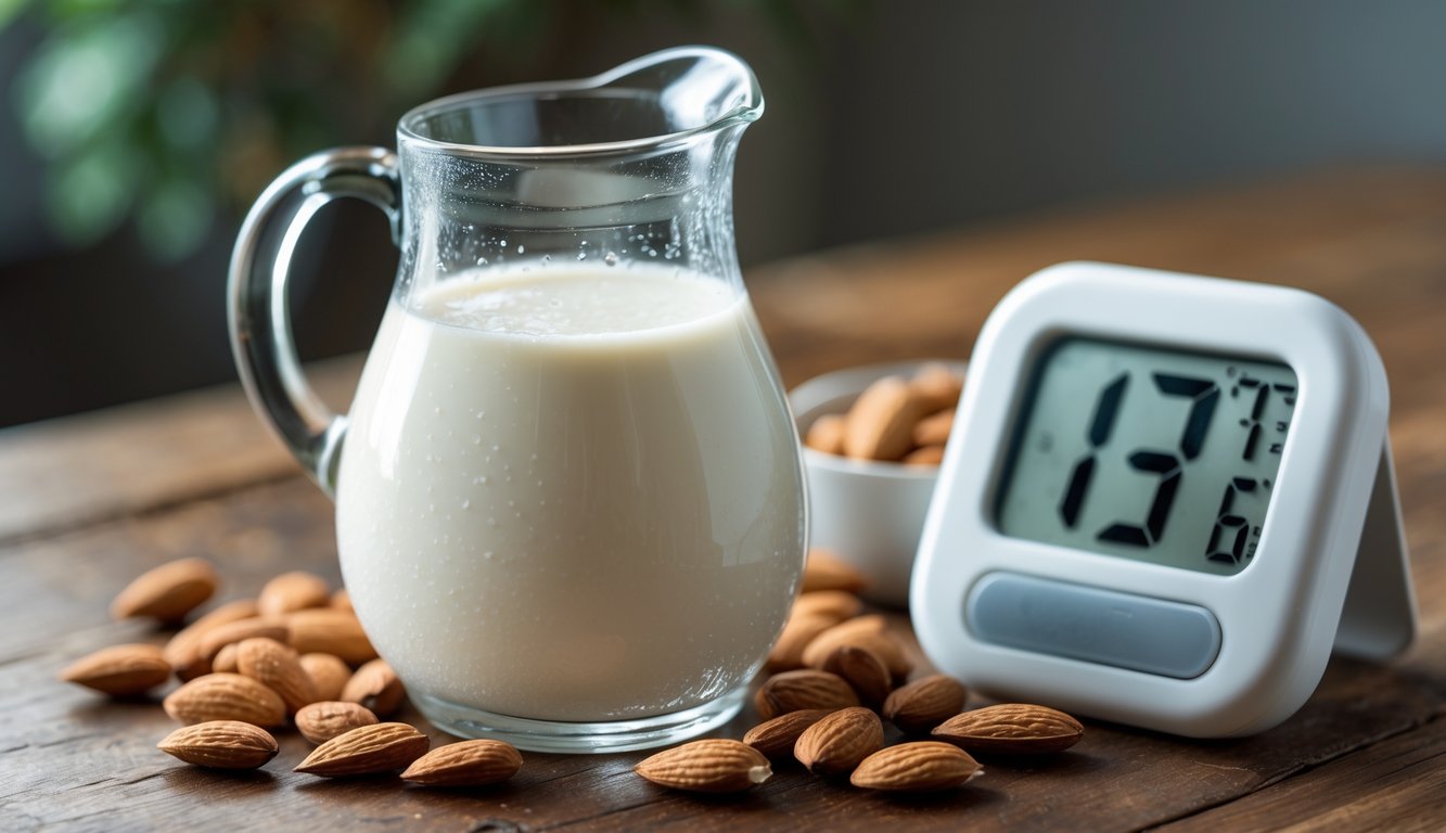 A glass pitcher of almond milk on a wooden table with a thermometer showing 137 degrees and almonds scattered around.