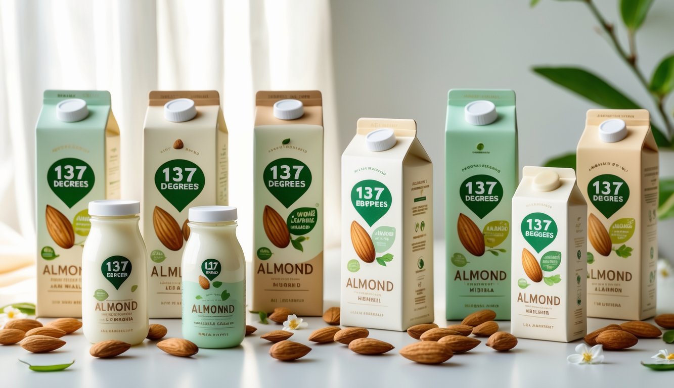 Various almond milk cartons and bottles arranged with almonds and almond blossoms on a white surface.