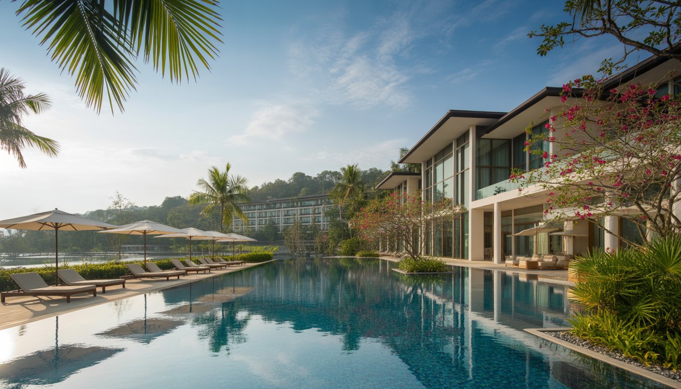A luxurious resort with a swimming pool surrounded by palm trees and tropical plants under a clear sky.
