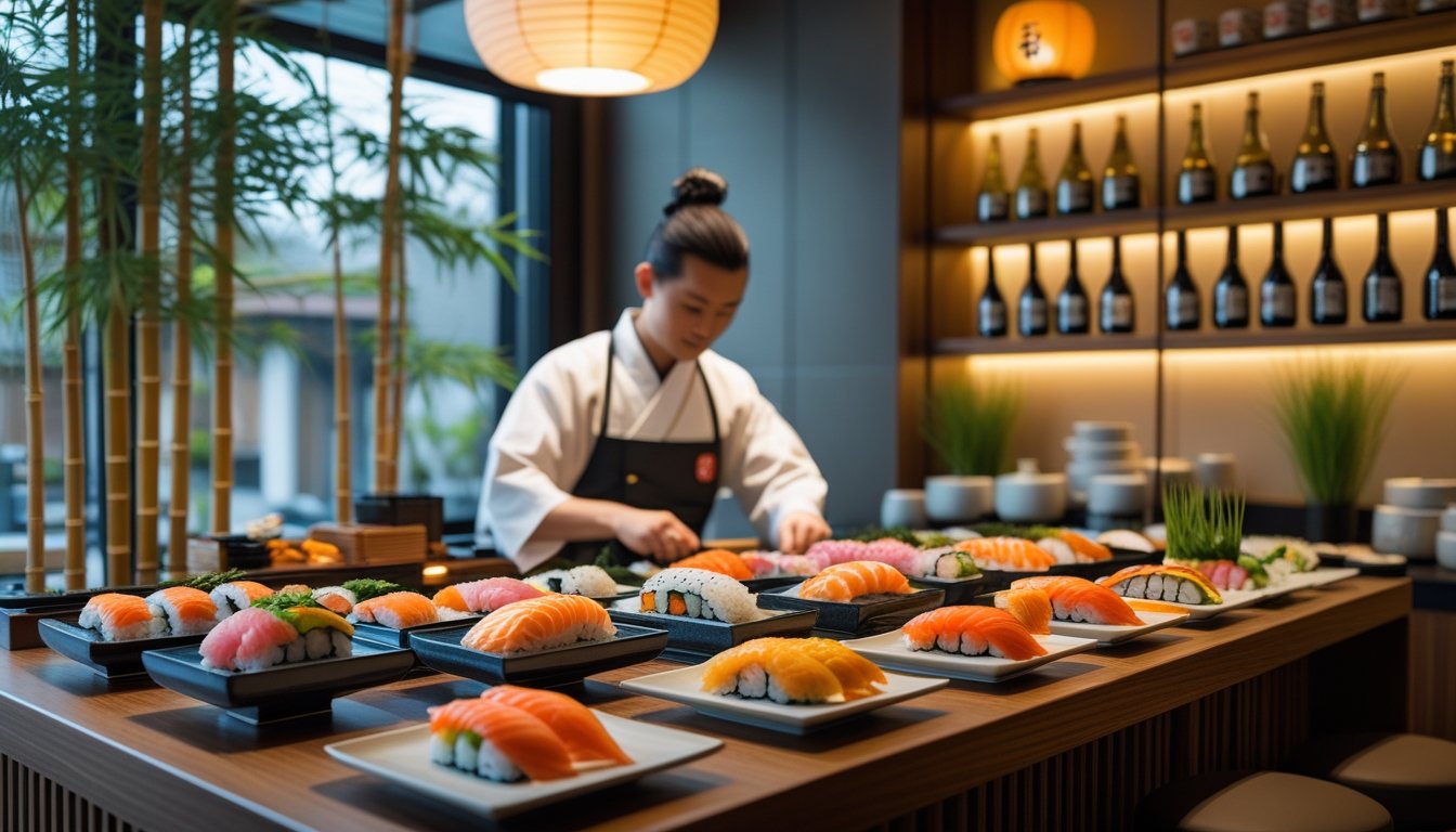 A sushi bar with a chef preparing sushi behind a wooden counter displaying various sushi pieces.