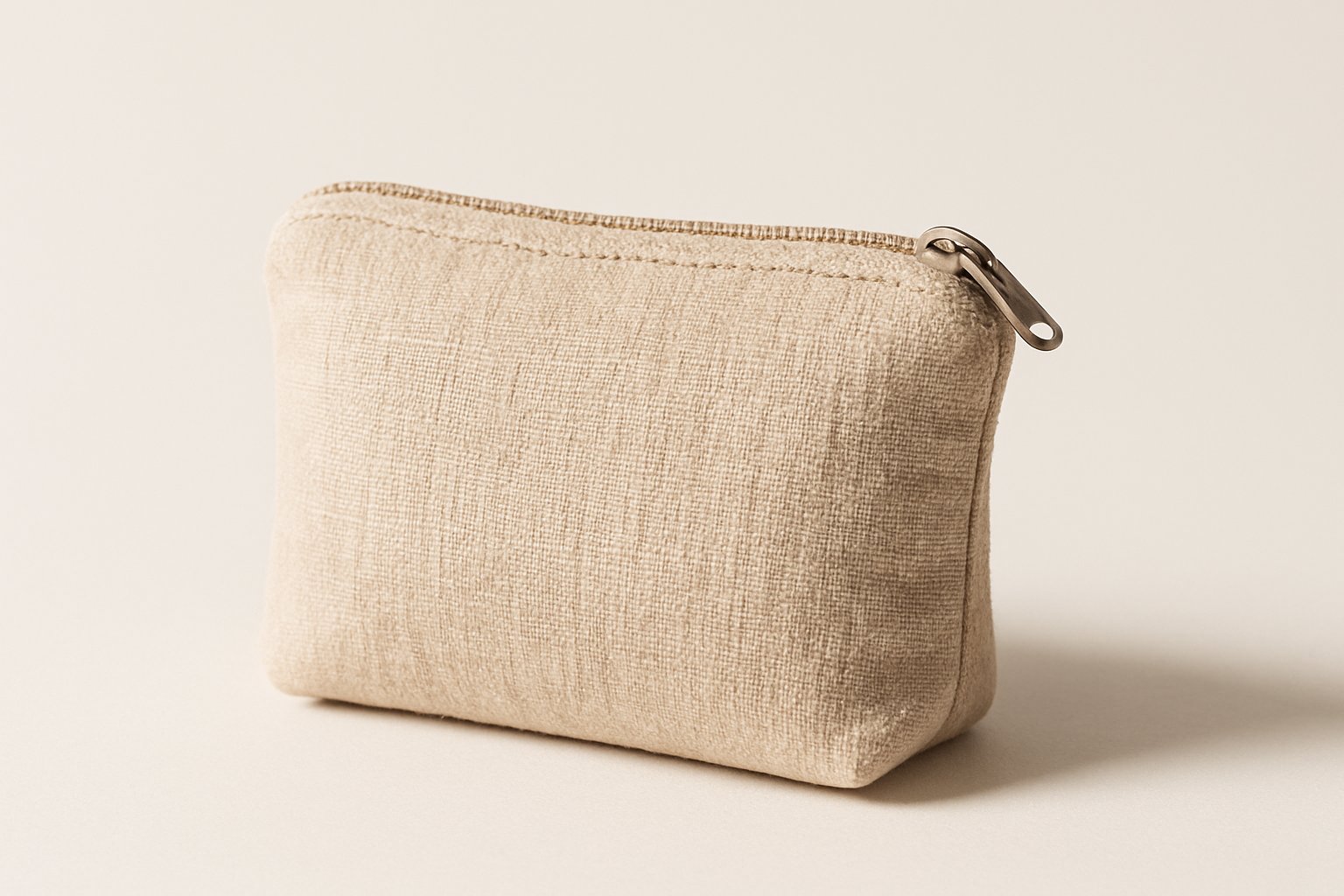 A small beige fabric pouch with a zipper on a plain background.