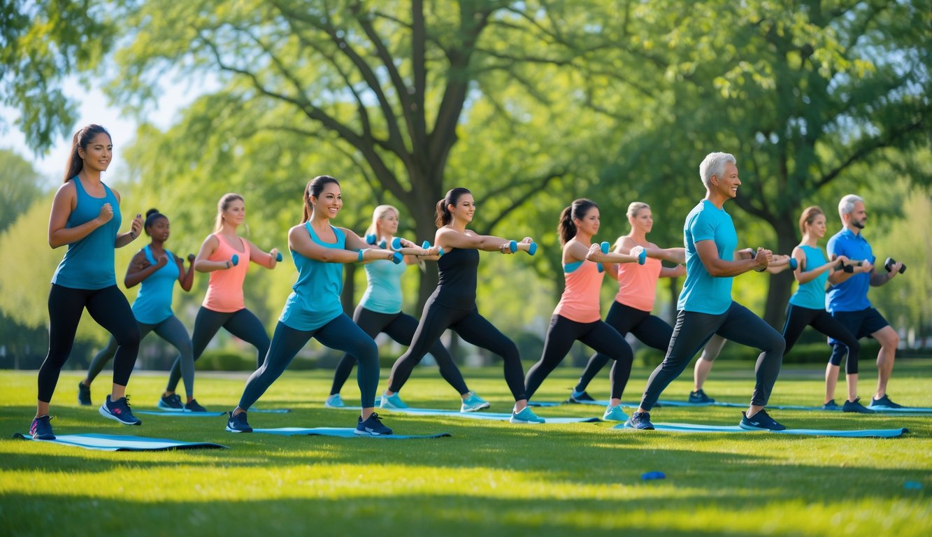 A group of diverse people exercising outdoors in a sunny park, jogging, stretching, doing yoga, and lifting weights.
