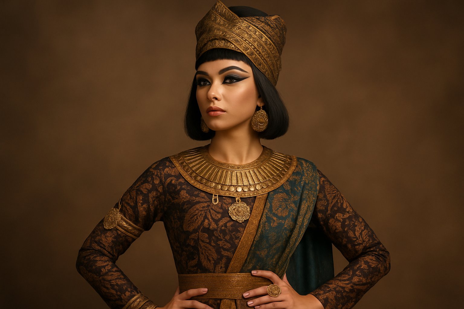 A woman dressed in a fusion of ancient Egyptian and Malaysian traditional clothing, posing confidently in a studio setting.