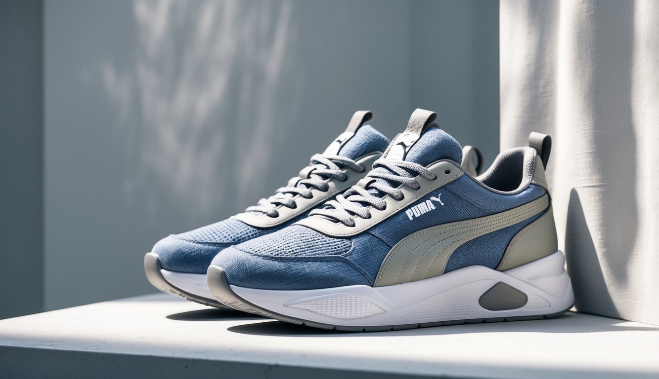 Sepasang sepatu Puma sneakers kasual diletakkan di atas permukaan bersih dengan latar belakang buram.