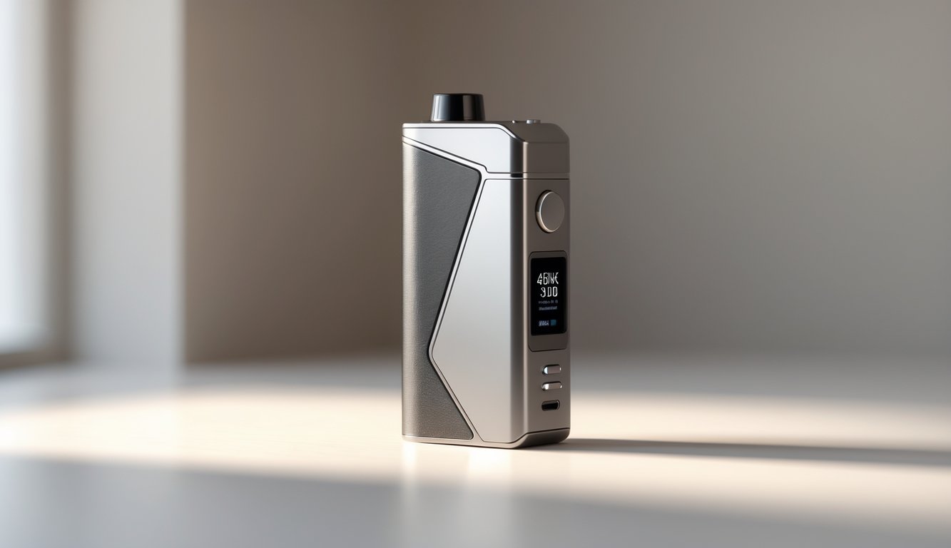 Perangkat vape modern dan berkualitas tinggi diletakkan di atas permukaan bersih dengan latar belakang netral.