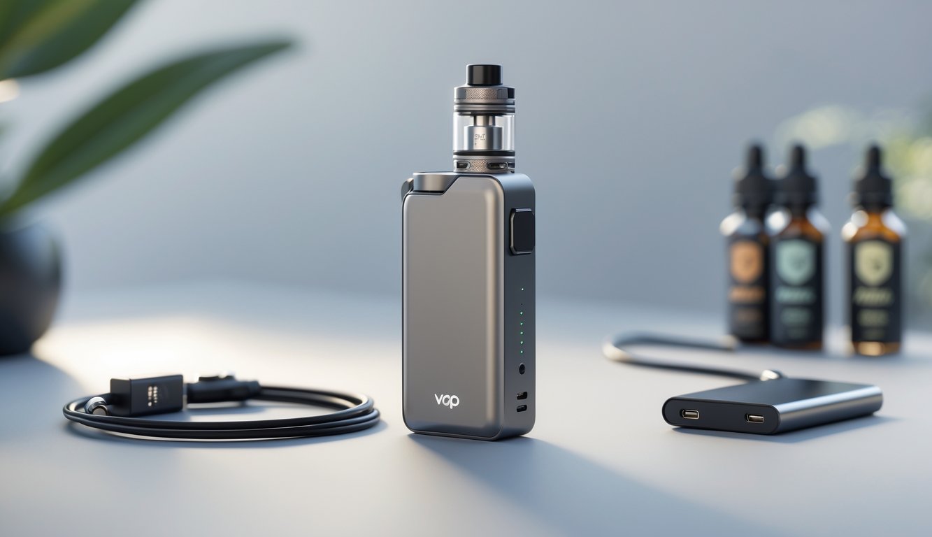 Sebuah perangkat vape mod modern dengan baterai tahan lama diletakkan di atas permukaan bersih dengan pencahayaan alami.