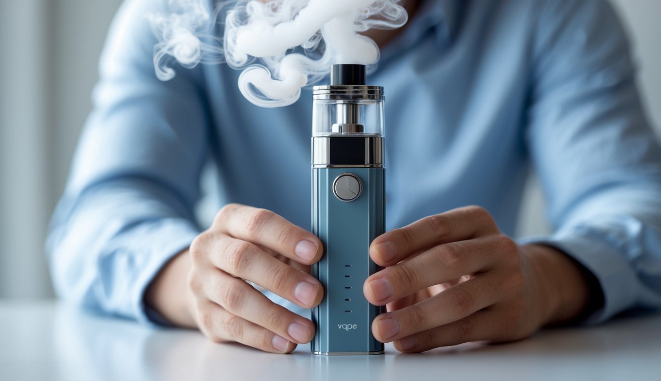 Seseorang memegang perangkat vape modern yang mengeluarkan asap tebal di latar belakang sederhana.
