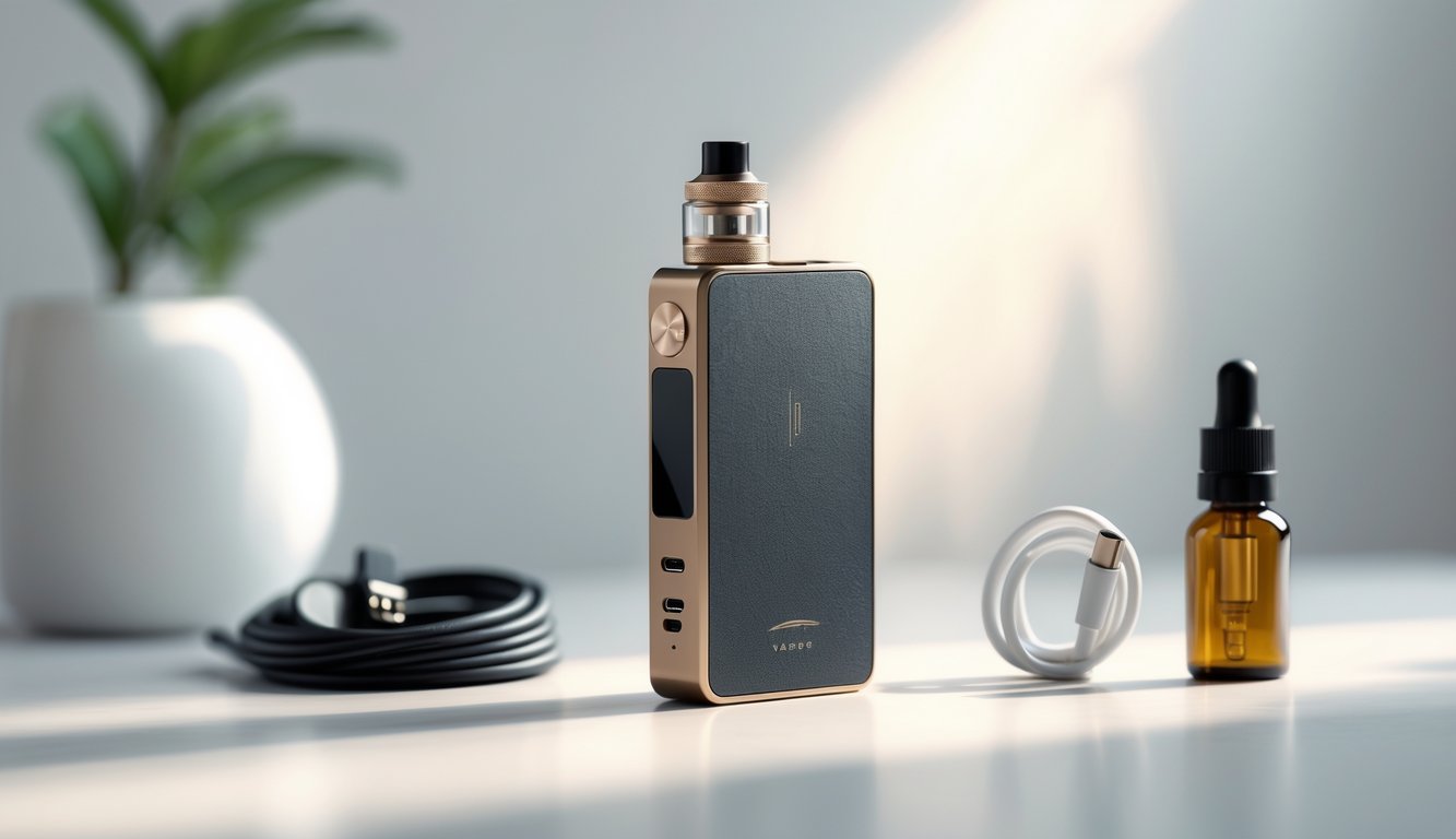 Mod vape asli yang terjangkau dengan aksesori di atas permukaan bersih dan latar belakang netral.