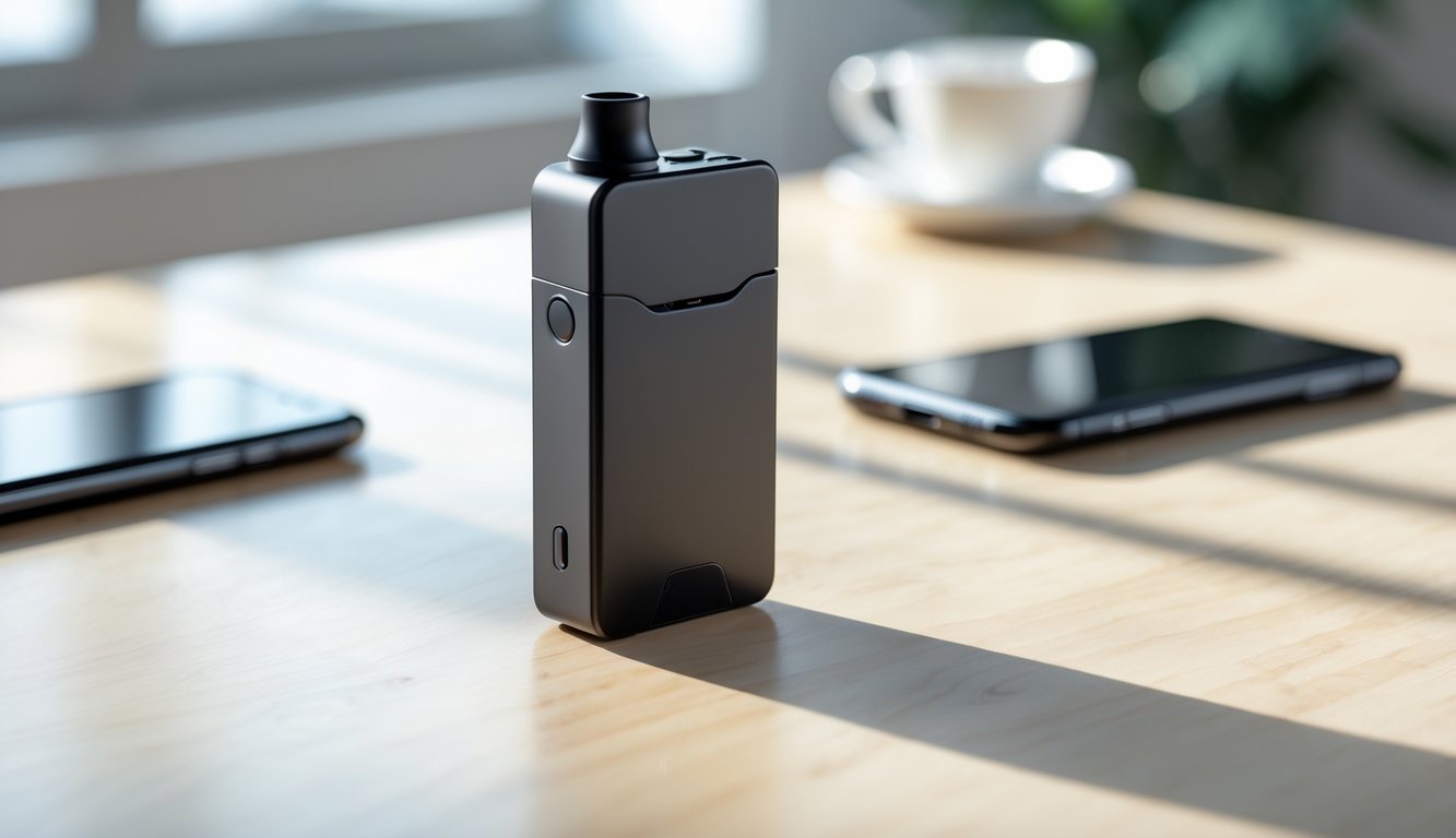 Perangkat vape hitam yang kecil dan modern diletakkan di atas meja kayu dengan latar belakang benda sehari-hari seperti cangkir kopi dan ponsel.