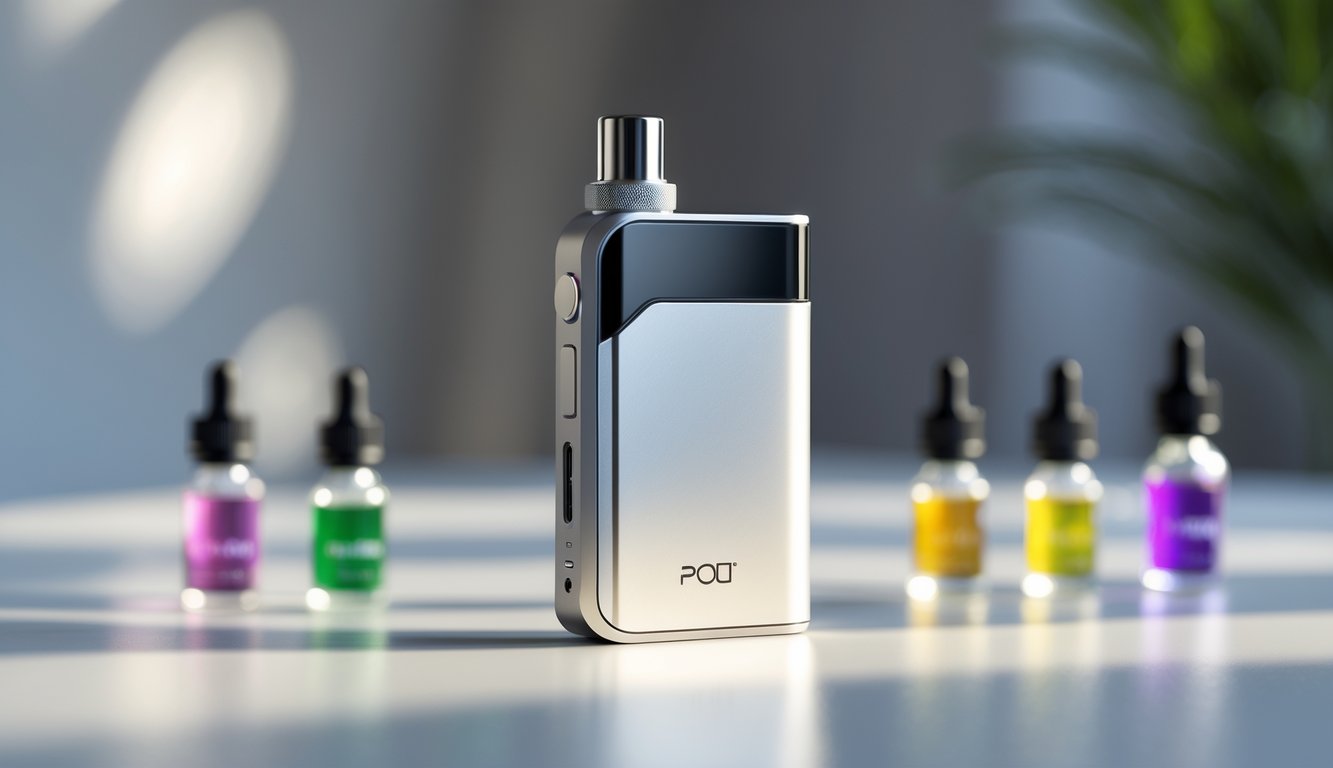 Alat vape kecil dan botol cairan vape freebase di atas meja dengan latar belakang minimalis.