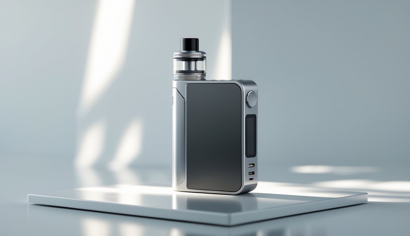 Sebuah perangkat vape mod modern dan elegan diletakkan di atas permukaan reflektif dengan latar belakang netral.