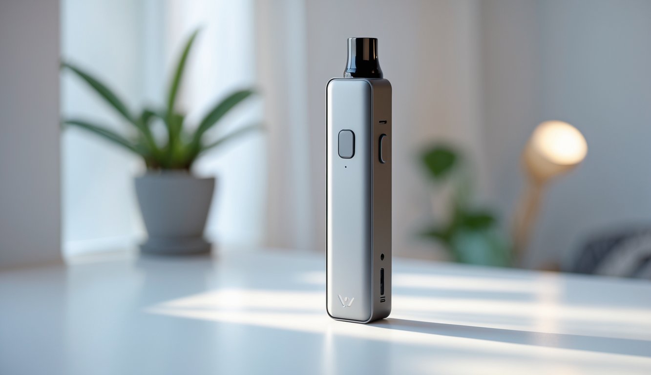 Foto vape modern dan kecil diletakkan di atas meja putih dengan latar belakang ruangan yang tenang dan tanaman kecil.