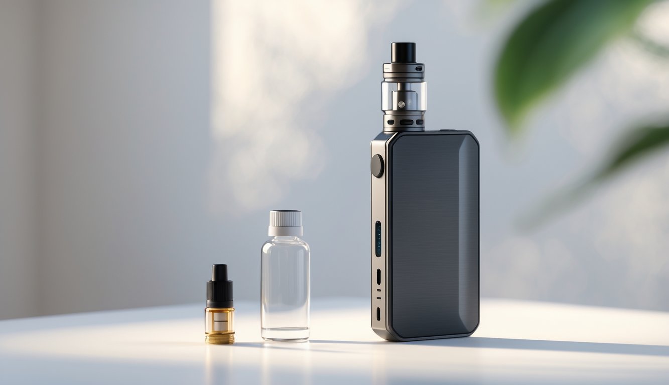 Perangkat vape kecil dan botol cairan vape diletakkan di atas permukaan putih dengan latar belakang buram.